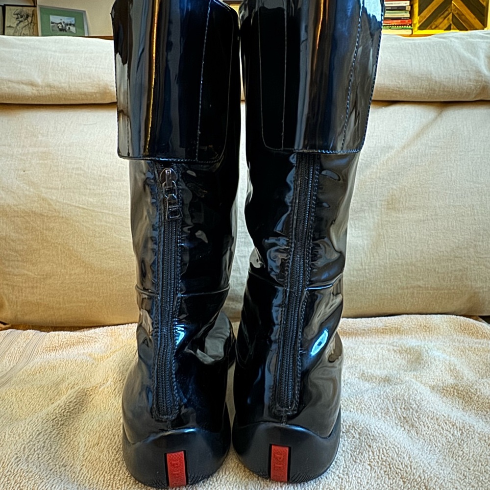 Prada Black Patent Leather Mid-Calf Rain Boots - Picture 3 of 5